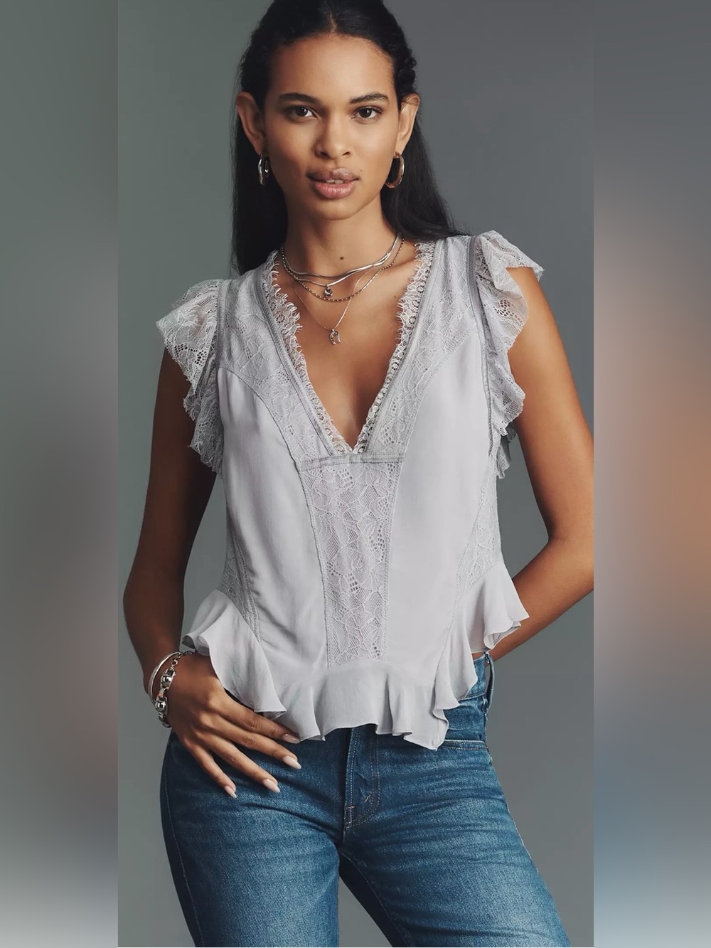 By Anthropologie Lavender Lace V-Neck Blouse